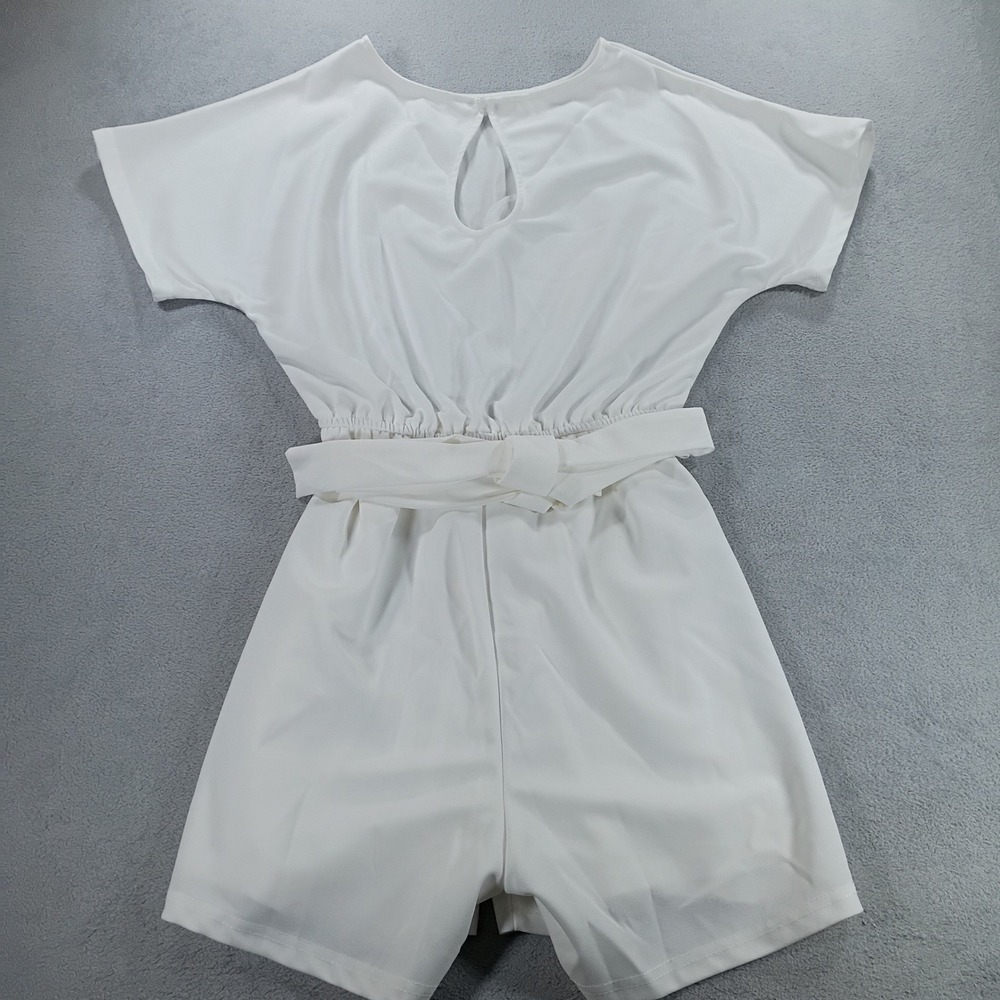 Unbranded Women Romper White Medium Elastic Waist Tie Belt Short Sleeve